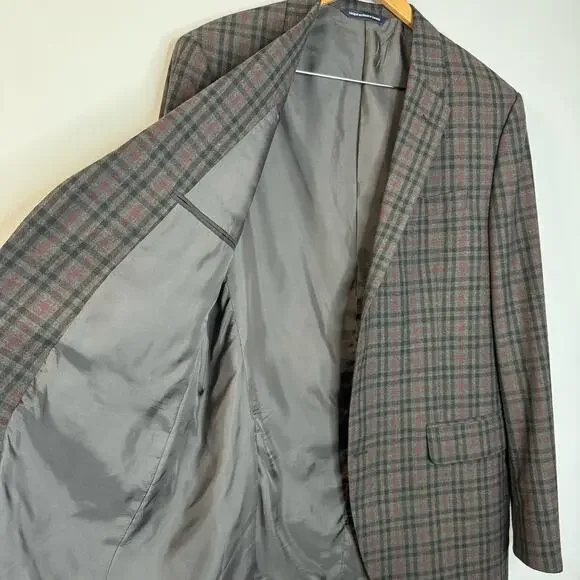 Coppley Esquire Mens Grey Plaid Multi Two Button Wool Blazer Jacket Classic 44T